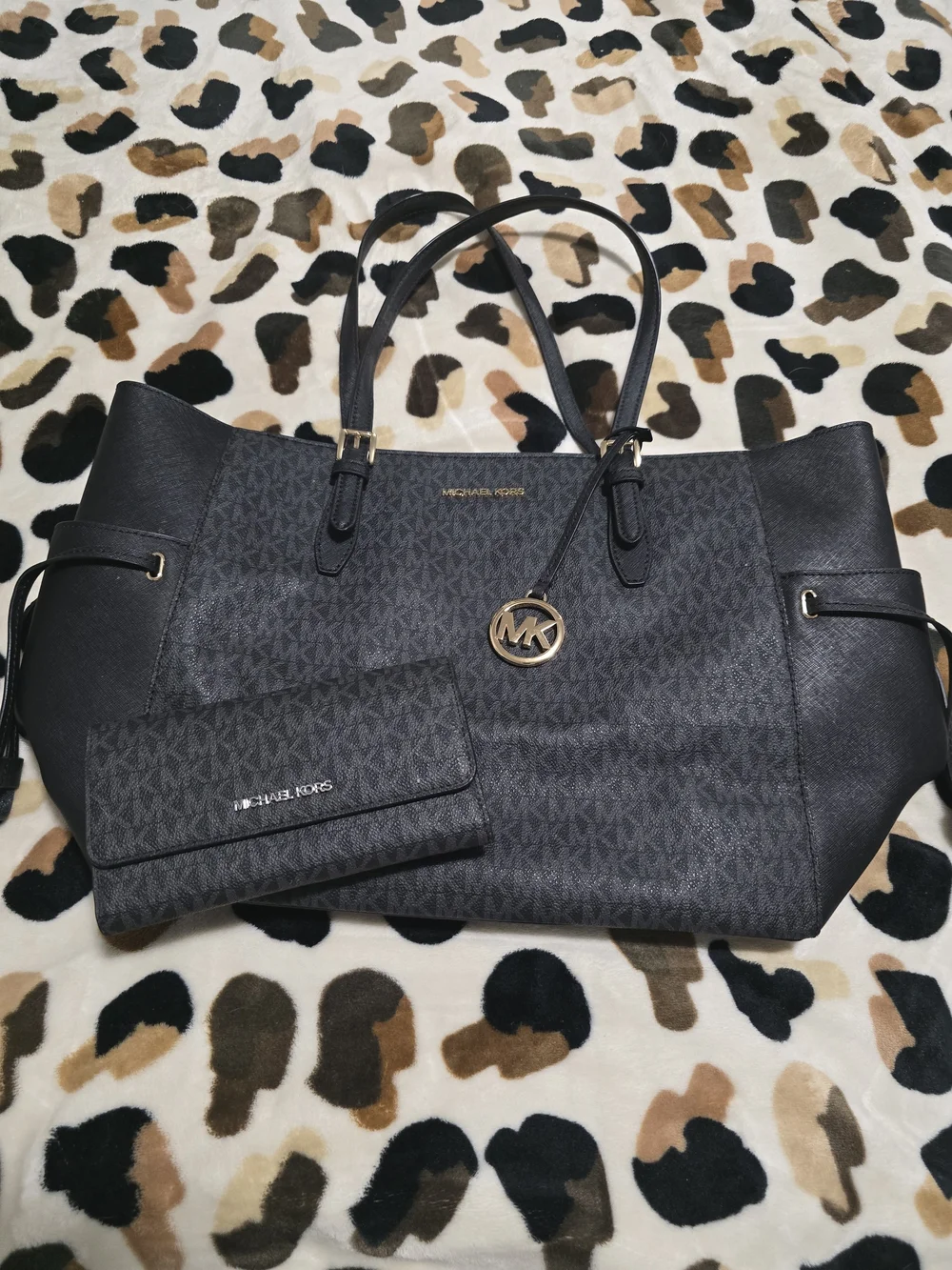 Michael Kors Black MK Logo Shoulder Tote with Gold Charm And matching wallet.